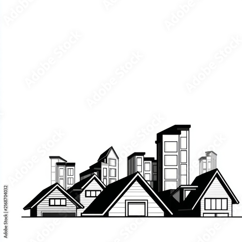 Black and white illustration of suburban houses and modern buildings forming a city skyline