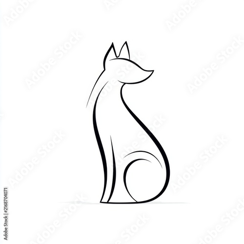 Minimalist black line art drawing of a sitting fox showing graceful posture