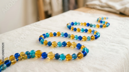 Blue and yellow glass beads meticulously arranged in a flowing, intricate pattern on a textured surface