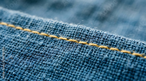 Close-up of blue denim fabric with detailed yellow stitching showcasing textile texture