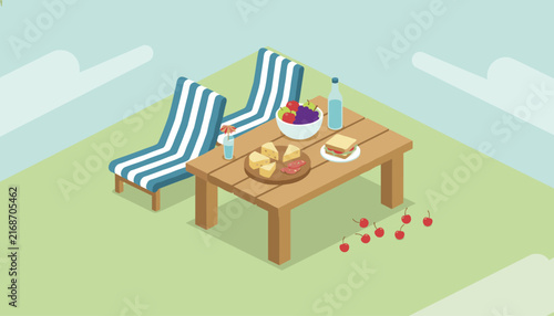 Isometric outdoor resort scene features two striped lounge chairs and a wooden table with delicious snacks.