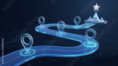 Abstract Glowing Winding Road with Digital Location Navigation Pins