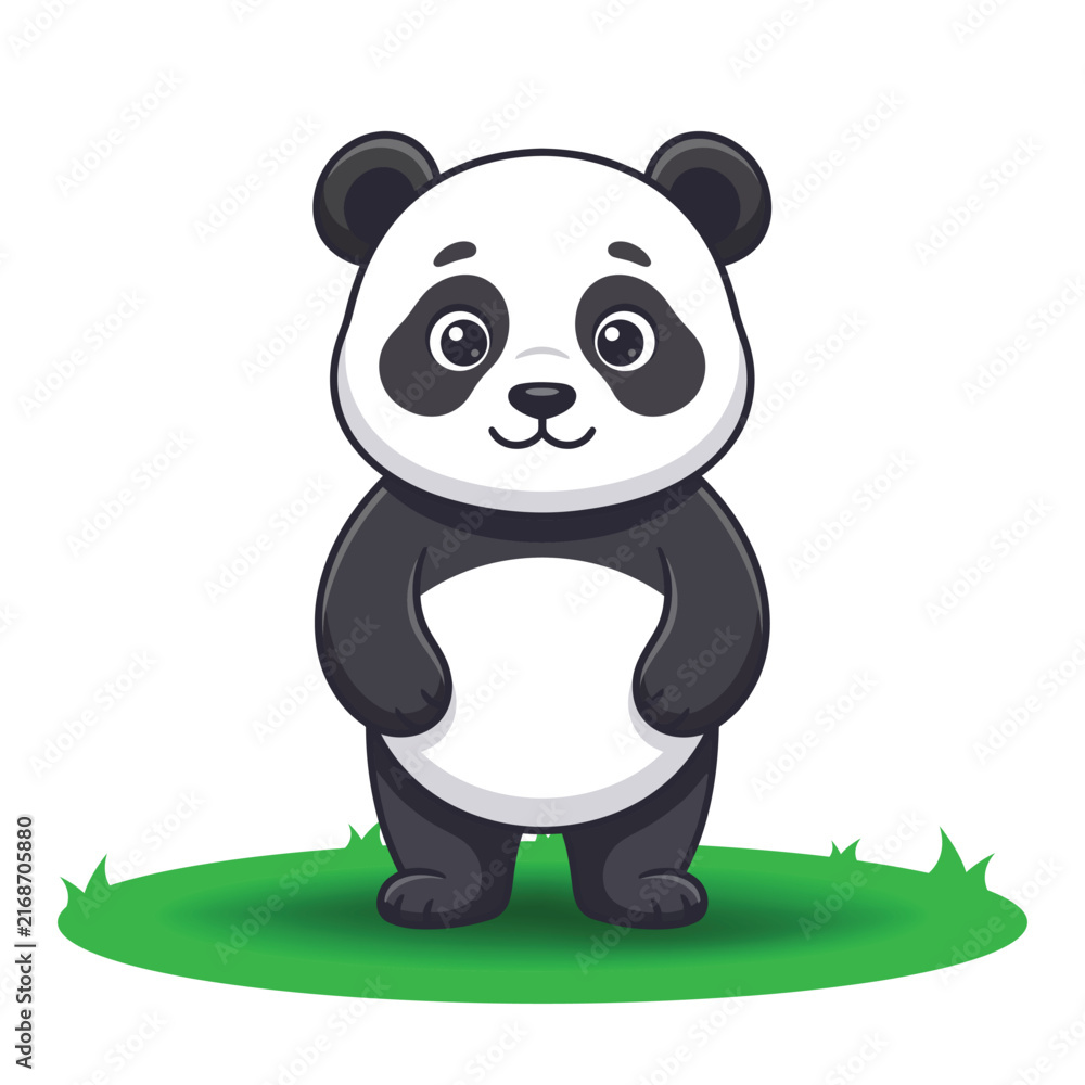 Fototapeta premium Cute cartoon panda bear standing on green grass isolated on a white background vector illustration