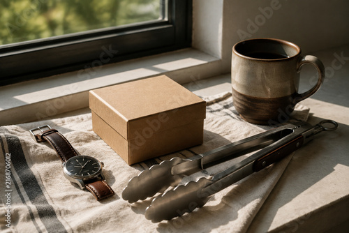 Leather watch, kraft gift box, barbecue tongs and ceramic coffee mug on linen cloth at window ledge, masculine gift concept