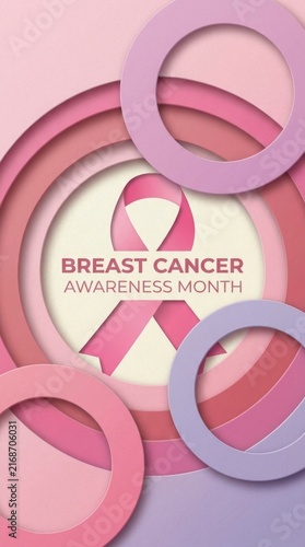 Circular layered pink ribbon breast cancer awareness month background for poster banner and social media design