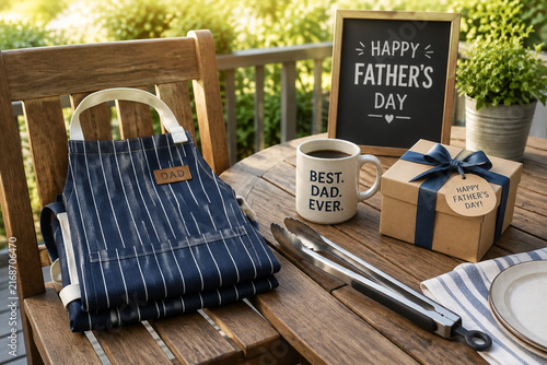 Father's Day dining place setting on outdoor table with striped apron, barbecue tongs, gift box and coffee mug