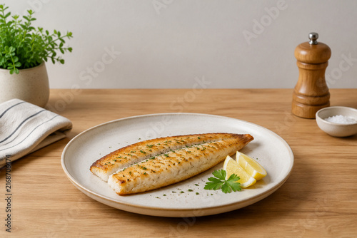 Freshly cooked golden-brown walleye fillet on ceramic plate, clean wooden countertop, healthy meal concept
