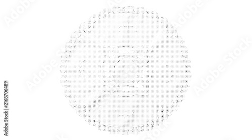 Halftone style illustration of a circular plate or round decorative object with a scalloped edge, rendered in a dotted pattern