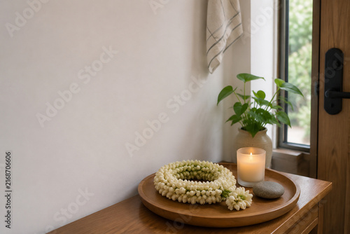 Sampaguita garland on wooden tray with candle and stone, home entryway calm concept