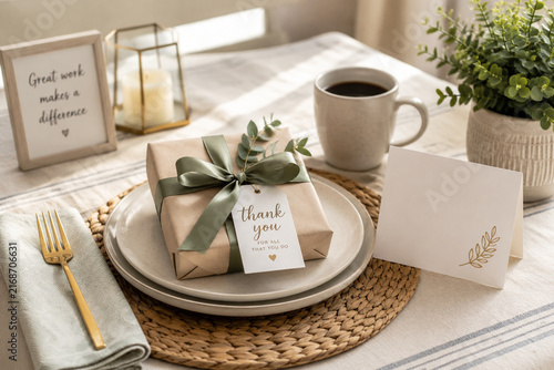 Workplace appreciation table setting with wrapped gift box, coffee mug, blank thank-you card and small plant on linen tablecloth
