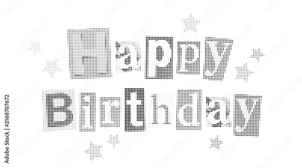 Obraz premium Happy birthday text with stars, halftone style illustration