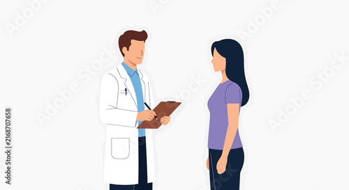 Doctor consulting patient, medical examination, healthcare professional with clipboard, white background