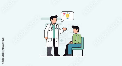 Doctor consulting patient, discussing health, medical advice, and diagnosis with question mark idea bulb