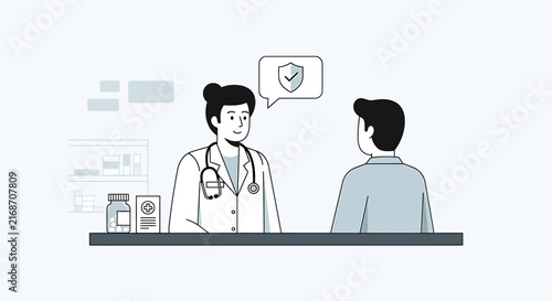 Doctor consulting patient, discussing health insurance and medical care with shield icon