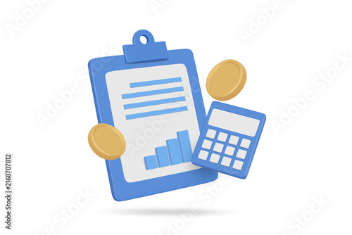 Quadro su tela 3d render financial document clipboard with growing bar chart graph calculator a