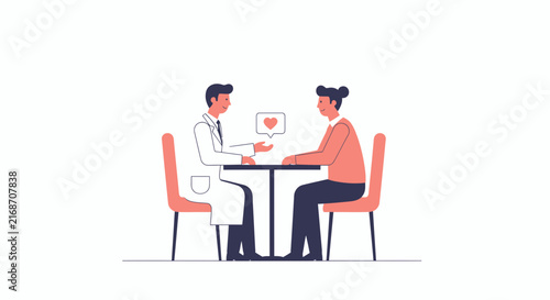 Doctor consulting patient, discussing health, showing care and empathy with heart icon