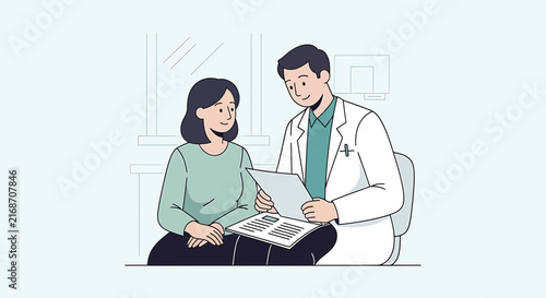 Doctor consulting patient, discussing medical results on paper in clinic