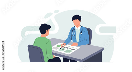 Doctor consulting patient, discussing treatment plan at desk, medical consultation, healthcare concept