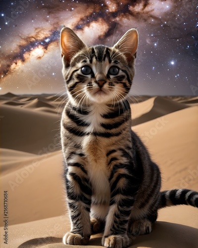 A marble cat kitten shimmering faintly in a nebula dunes