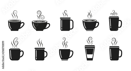 Diverse coffee mug and cup icons with decorative steam swirls and foam details vector silhouette set for gourmet cafe branding and professional restaurant menu