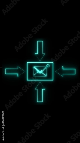 Neon email messaging animation features dynamic arrows moving to center Digital inbox communication guides the email messaging animation Incoming electronic mail powers the email messaging animation