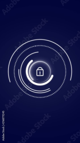 Padlock security animation rotates inside a circular futuristic HUD Digital privacy protection powers this padlock security animation Cyber access authorization clears the padlock security animation
