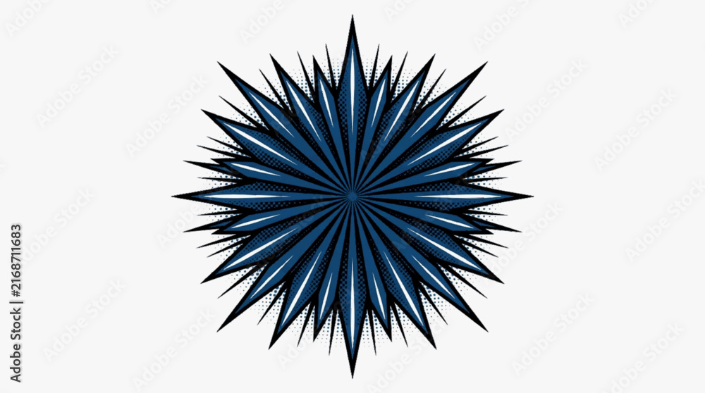 Fototapeta premium Symmetrical dark blue multi-pointed starburst vector with halftone dot textures and sharp radiating edges in a vintage comic book pop art style isolated on a solid white background.