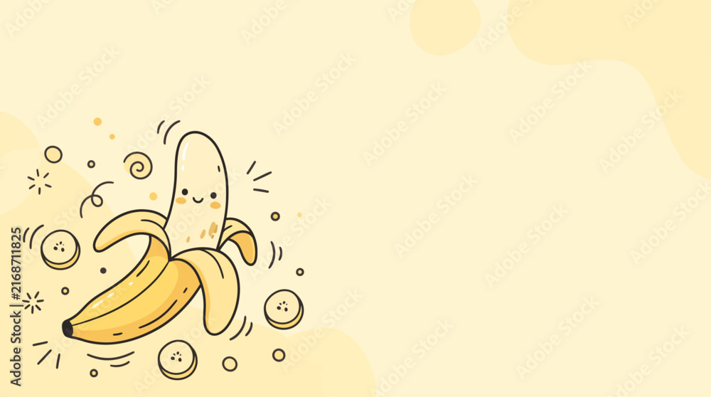 Fototapeta premium Adorable hand-drawn illustration of a smiling peeled banana character surrounded by fruit slices and decorative elements on a light yellow background.