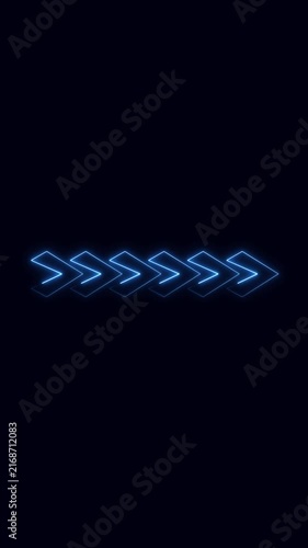 Blue neon chevrons animation glides continuously toward the right side Forward directional motion powers the neon chevrons animation Modern navigation interface drives the neon chevrons animation