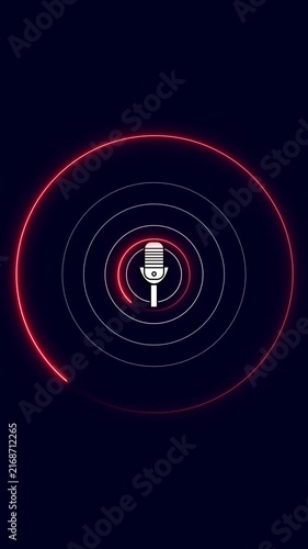 Neon microphone animation pulses within glowing pink circular rings Live podcast broadcasting highlights this microphone animation Modern sound audio recording powers the microphone animation