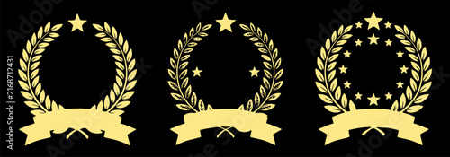 Laurel wreath emblems with stars and ribbons vector illustration set
