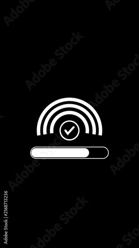 White Wi-Fi signal animation displays an active check mark and loading bar Wireless internet connectivity links the Wi-Fi signal animation Fast broadband speed verifies on the Wi-Fi signal animation