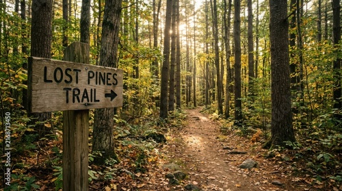 Wooden signpost pointing to the lost pines trail in a forest