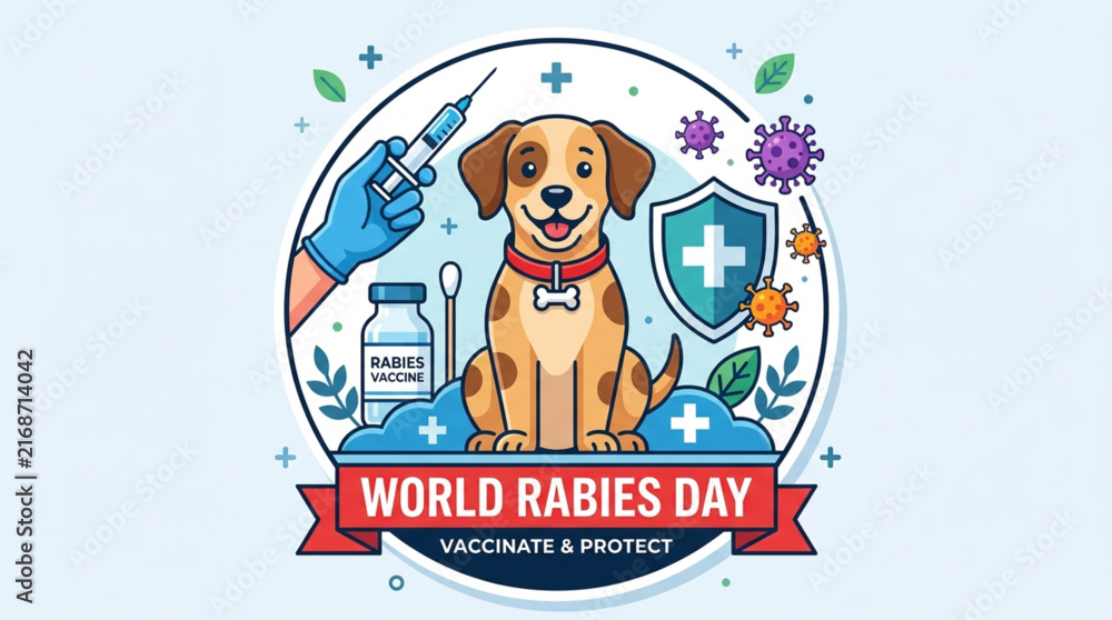 Fototapeta premium World rabies day illustration with dog and vaccine syringe badge