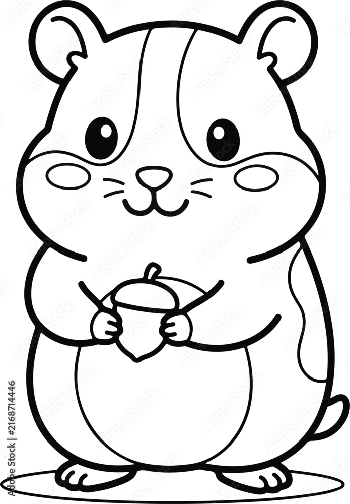 Obraz premium Cute cartoon hamster holding an acorn, simple black and white line art illustration for coloring book page