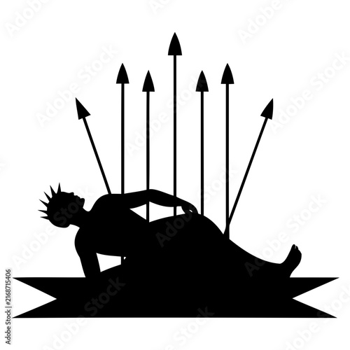 Fallen warrior figure pinned by multiple arrows on banner base dramatic historical tragedy symbolic composition black art imagery.