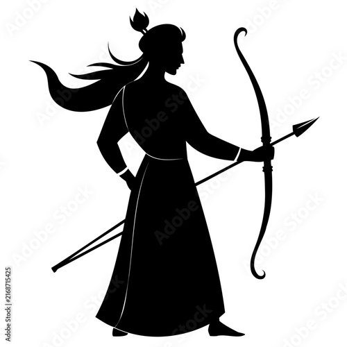 Silhouette of traditional mythological archer holding classic bow and arrow in profile view for cultural graphic designs and projects.