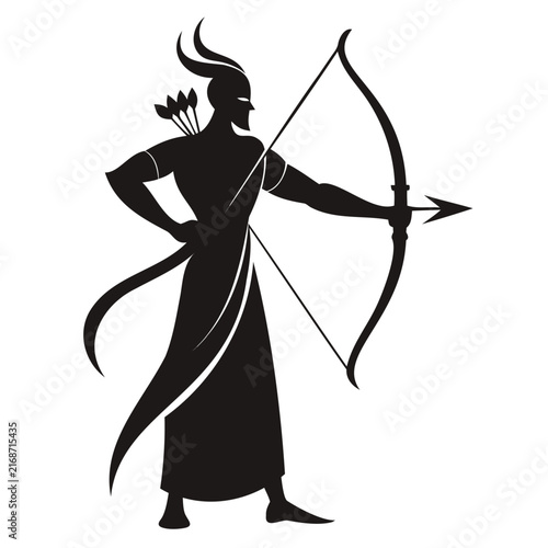 Silhouette of horned deity archer aiming bow and arrow in traditional dress for mythological and folklore inspired design concepts.