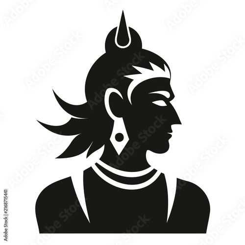 Ancient warrior profile silhouette with majestic headpiece and large earring representing mythical hero for historical gaming and fiction.