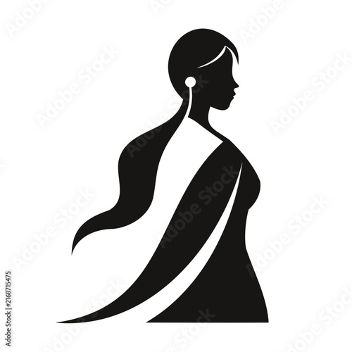 Silhouette of indian woman wearing traditional saree and elegant jewelry profile for beauty salon branding or cultural lifestyle projects.