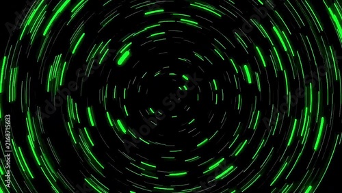A seamless looping background featuring abstract glowing green swirling circular particle motion