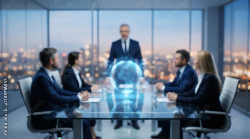 Obraz premium Business professionals seated in boardroom watching presentation with floating holographic globe representing global communications and international business expansion strategy