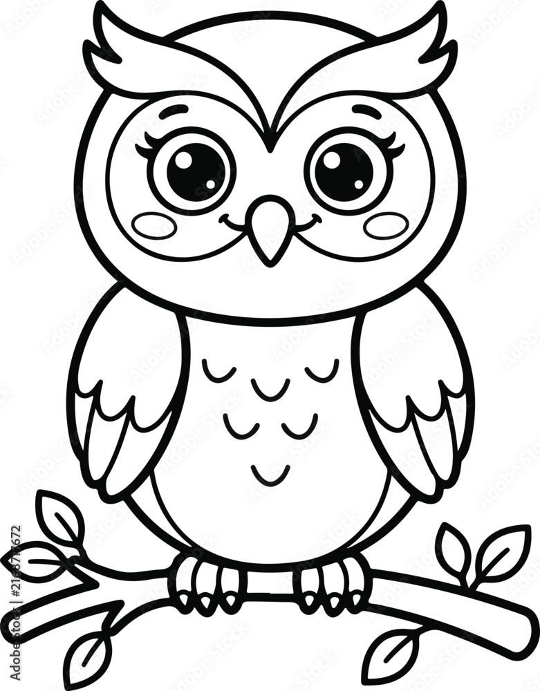 Obraz premium Cute cartoon owl sitting on a tree branch, black and white line art illustration for coloring book