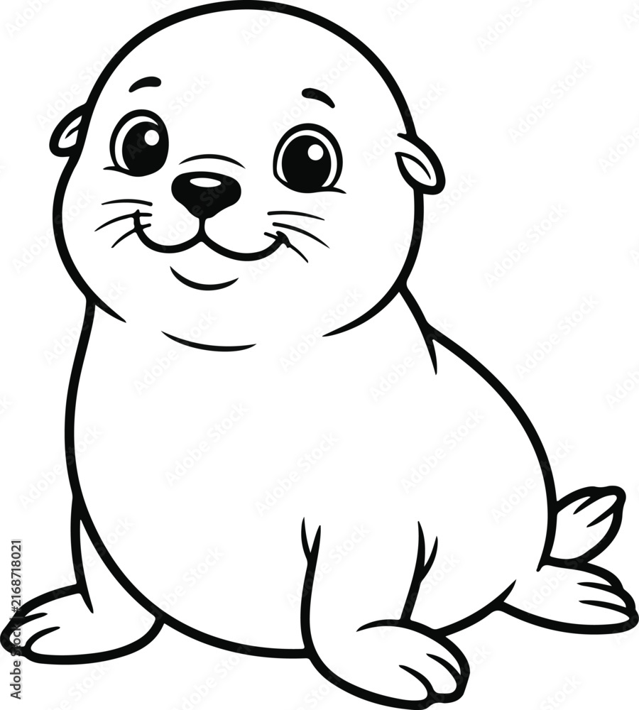 Obraz premium Cute cartoon baby seal, simple line art coloring page for kids
