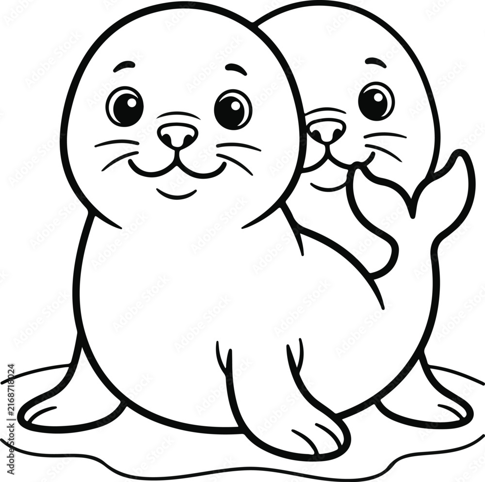 Fototapeta premium Cute cartoon seal pup coloring page for kids