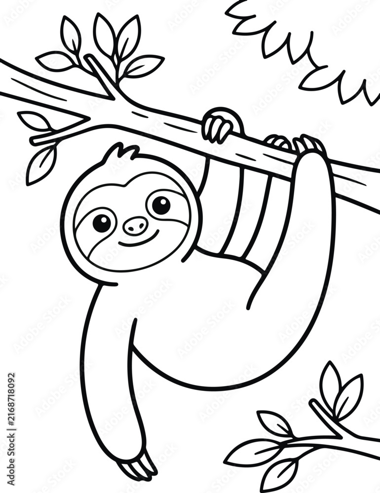 Naklejka premium Cute cartoon sloth hanging on a tree branch, simple black and white line art illustration for coloring book