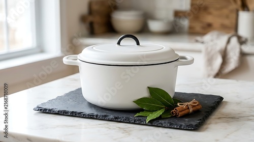 White enameled cast iron dutch oven on black slate board, elegant ceramic cooking pot with lid in bright kitchen, minimalist stoneware casserole dish for gourmet recipes and food blogs.