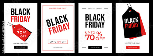 Set of four modern Black Friday vertical social media banners with bold typography, red sale tags and up to 70% discount offers on clean white backgrounds.