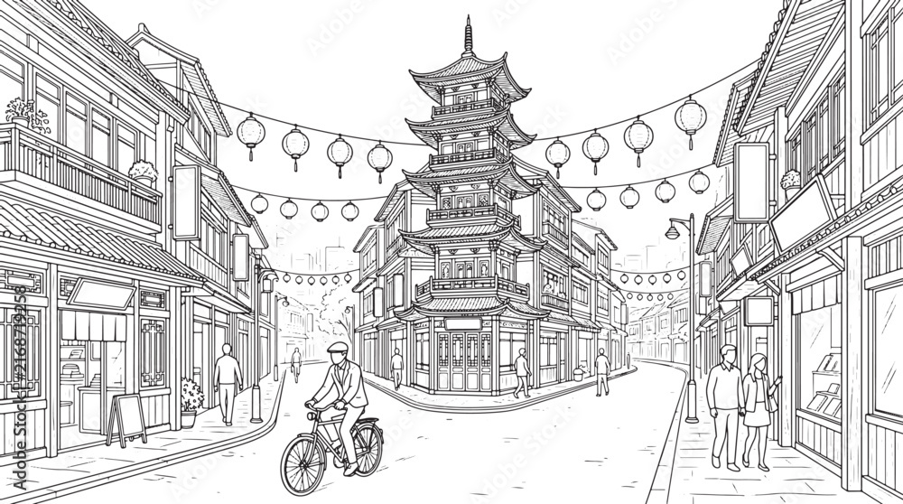 Fototapeta premium Hand drawn line art of a traditional street scene with a central pagoda and hanging lanterns