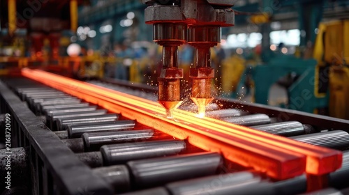 Molten Metal Manufacturing: A close-up view showcases red-hot metal being processed on a conveyor belt within an industrial factory, highlighting the intense heat and powerful machinery.